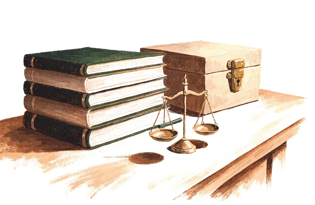 Gouache-Illustration: Schreibtisch mit gebundenen Akten, Waage und verschlossener Dokumentenbox