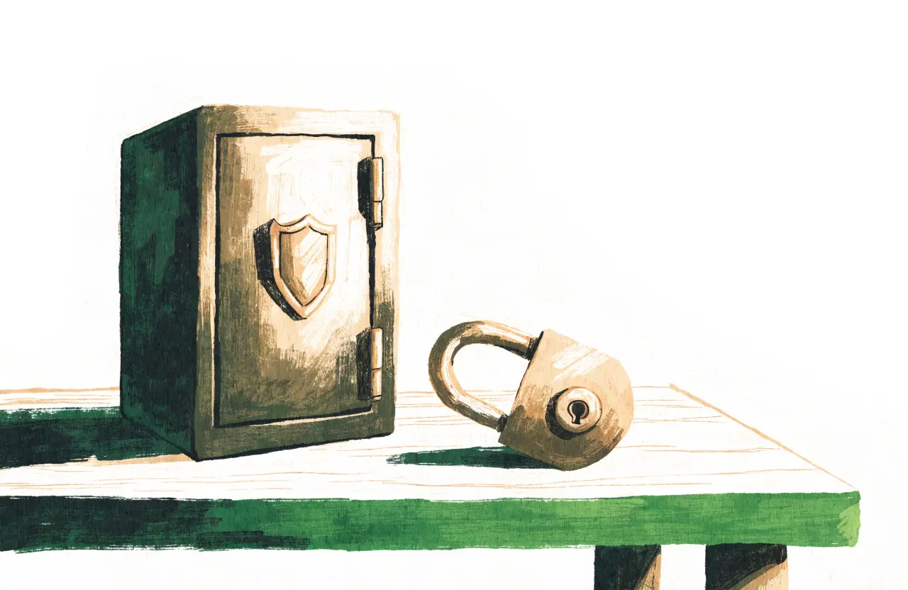 Gouache-Illustration: Stahltresor mit Schild-Emblem und Messing-Vorhängeschloss