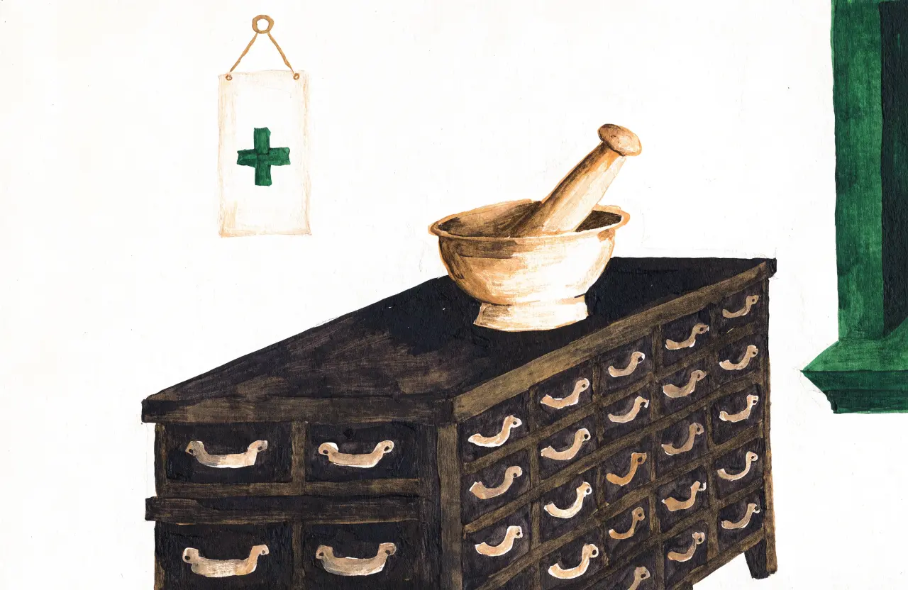 Gouache-Illustration: Apothekerschrank mit vielen Schubladen und grünem Kreuz