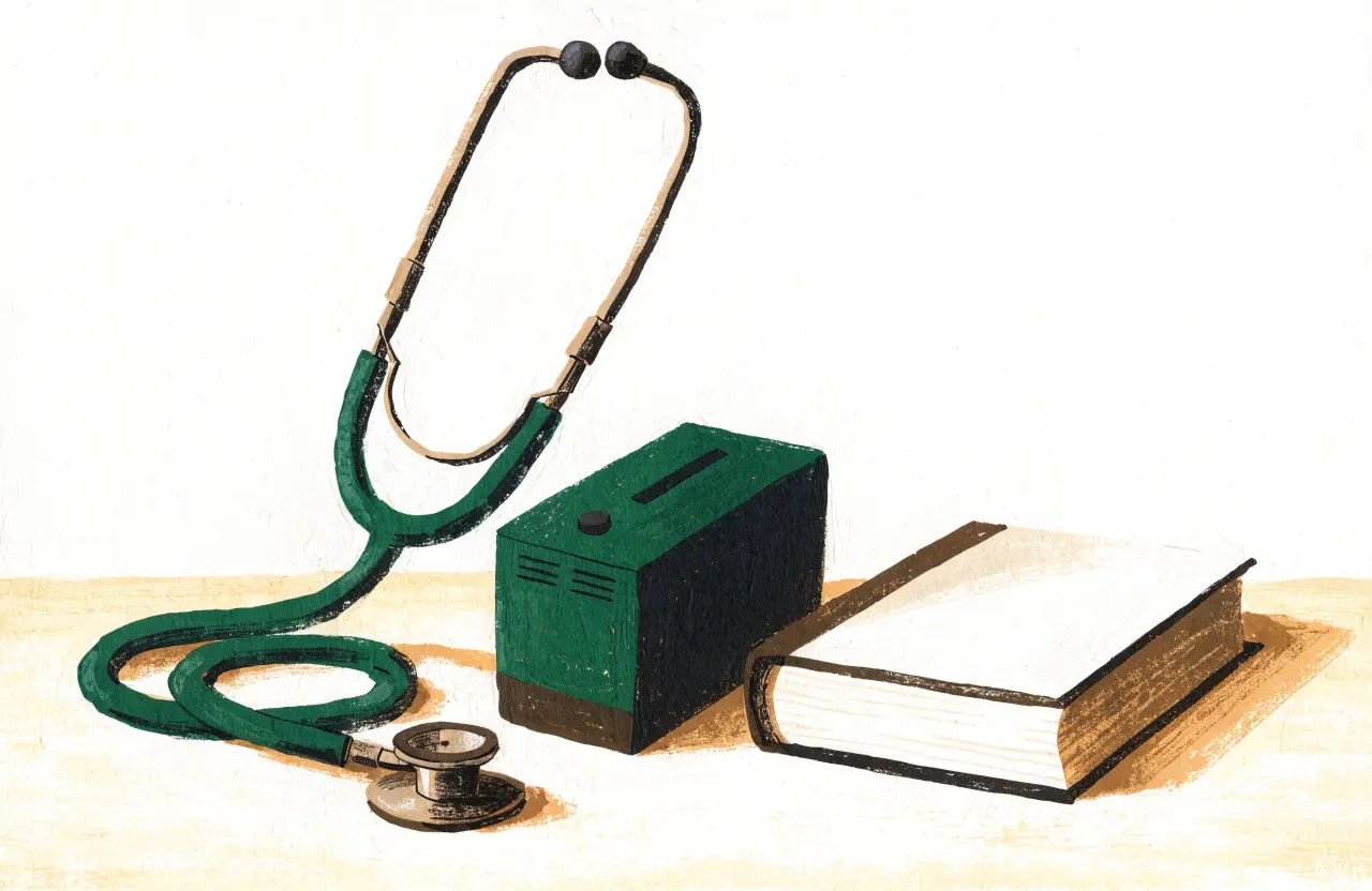 Gouache-Illustration: Stethoskop mit grünem Schlauch neben Kartenlesegerät und Patientenakte