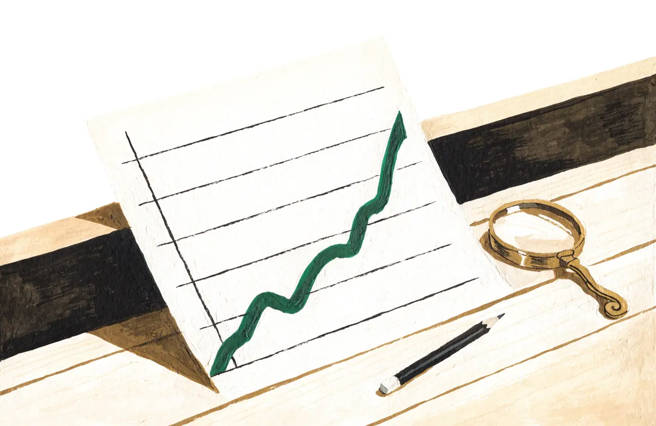 Gouache-Illustration: Papierdiagramm mit steigender grüner Linie, Bleistift und Lupe