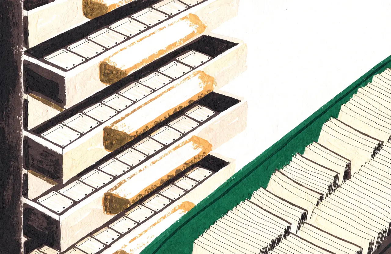 Gouache-Illustration: Karteischrank mit beschrifteten Karten und sortierten Dokumenten