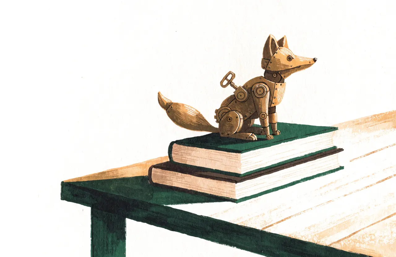 Gouache-Illustration: Aufzieh-Fuchs aus Messing mit Schlüssel auf einem Bücherstapel