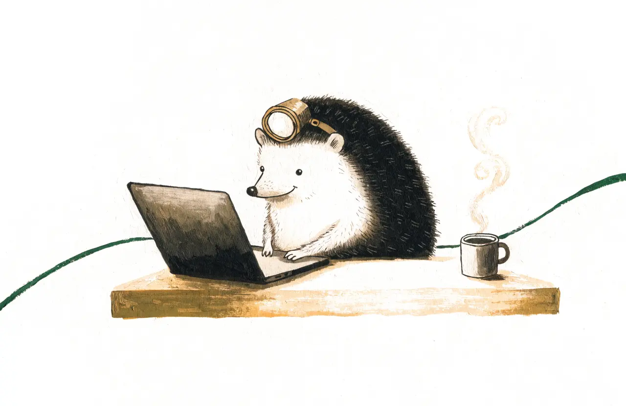 Gouache-Illustration: Nighthog-Igel mit Messing-Brille am Laptop, daneben dampfender Kaffee