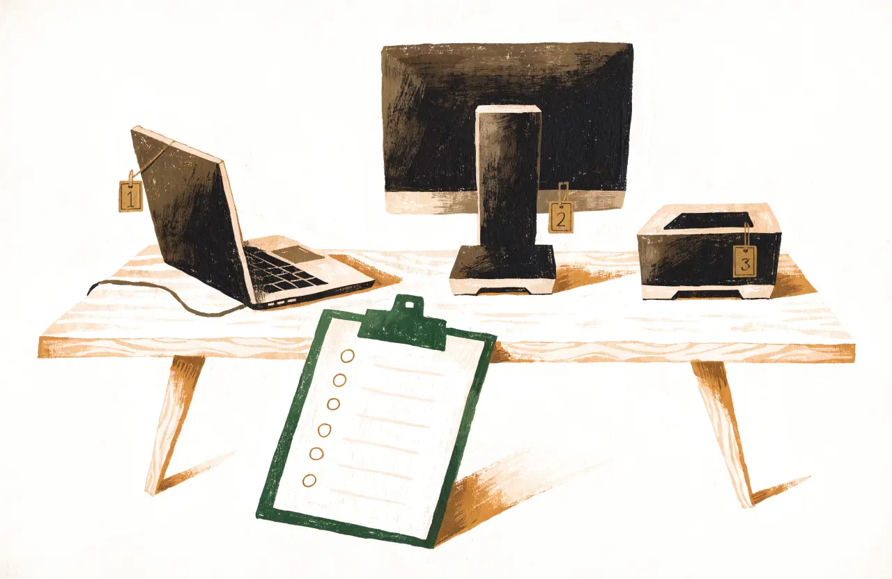 Gouache-Illustration: Laptop, Monitor und Drucker mit nummerierten Inventar-Anhängern, davor eine Checkliste