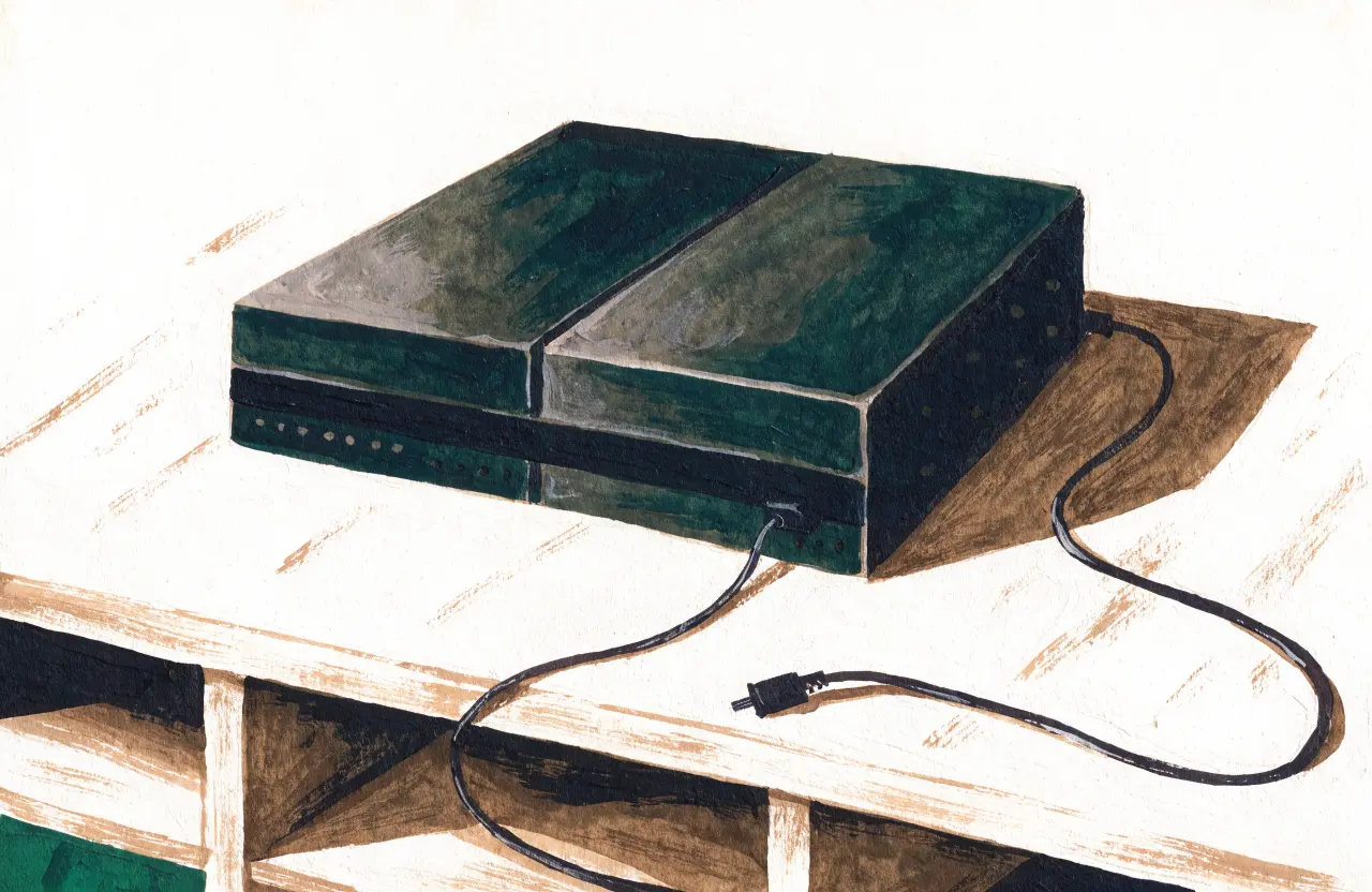 Gouache-Illustration: gezogener Netzstecker vor dunklem Server