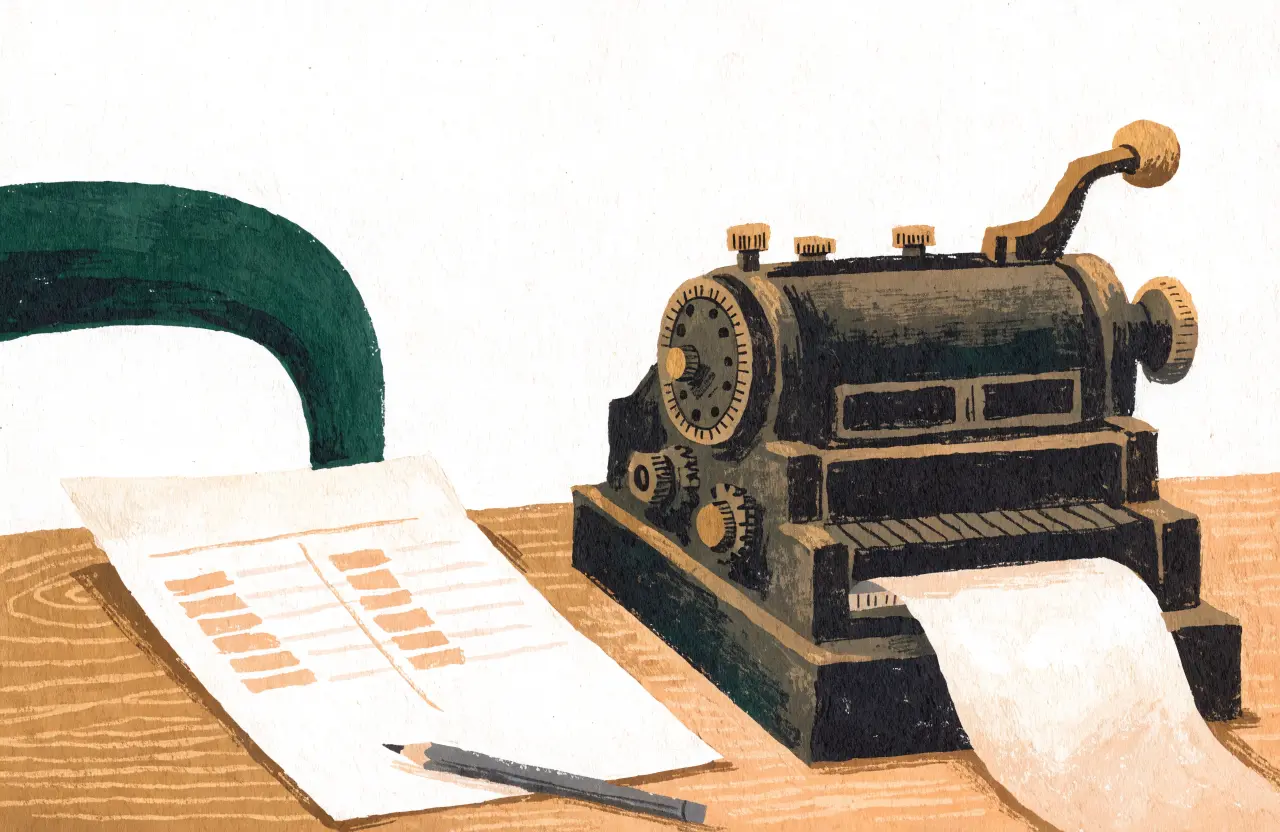 Gouache-Illustration: mechanische Rechenmaschine neben handgeschriebenem Kostenvergleich