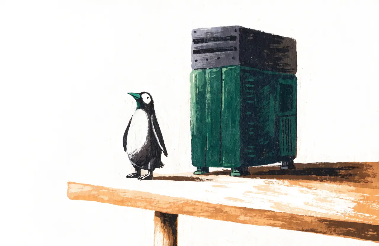 Gouache-Illustration: kleine Pinguin-Figur neben altem Rechner auf der Werkbank