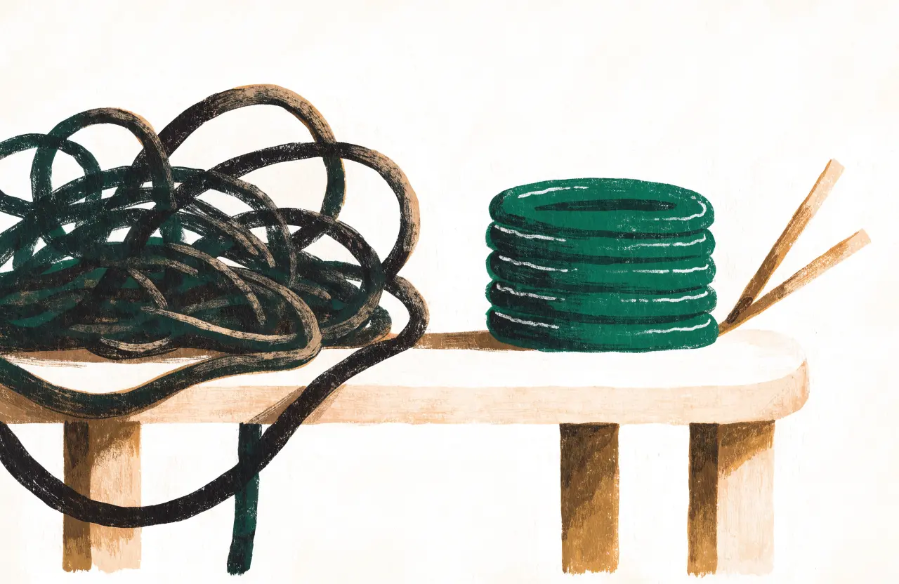Gouache-Illustration: Kabelgewirr wird zu einem ordentlichen grünen Kabelring sortiert