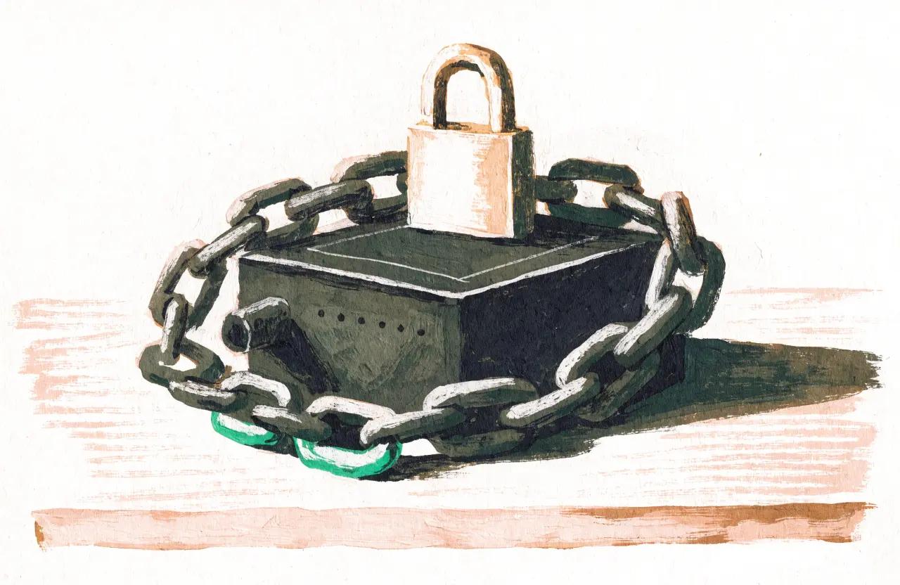 Gouache-Illustration: Eisenkette mit Vorhängeschloss um einen kleinen Server