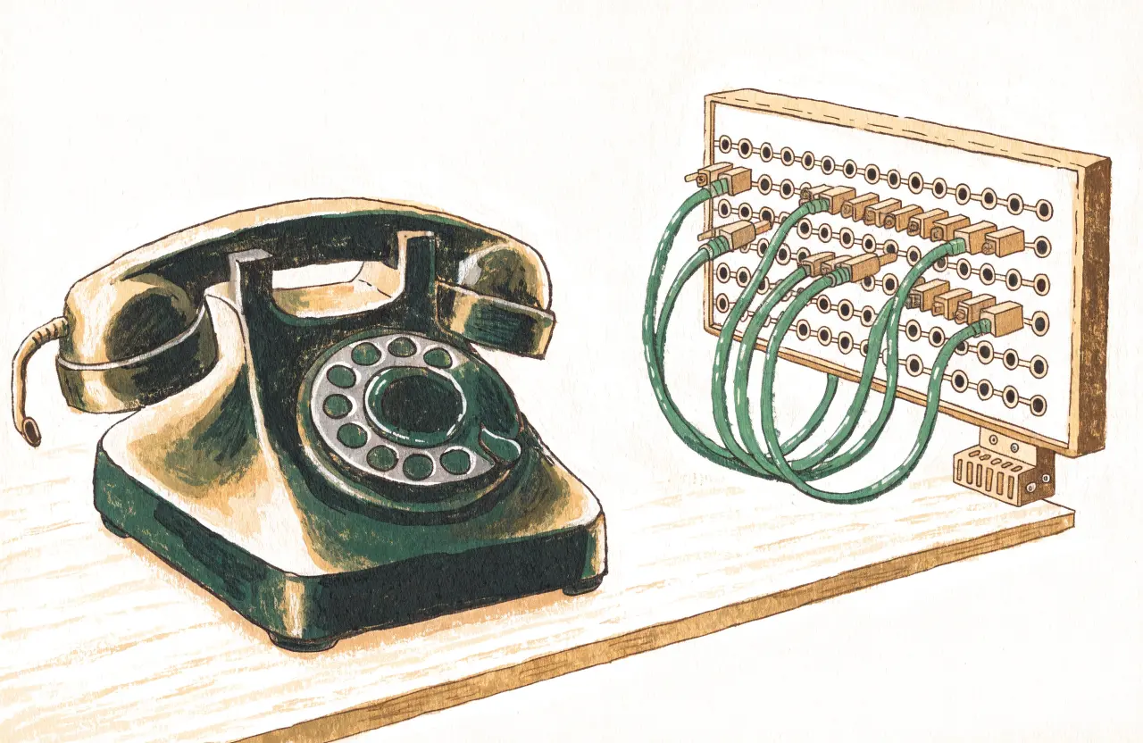 Gouache-Illustration: Bakelit-Telefon neben aufgeräumtem Patch-Panel