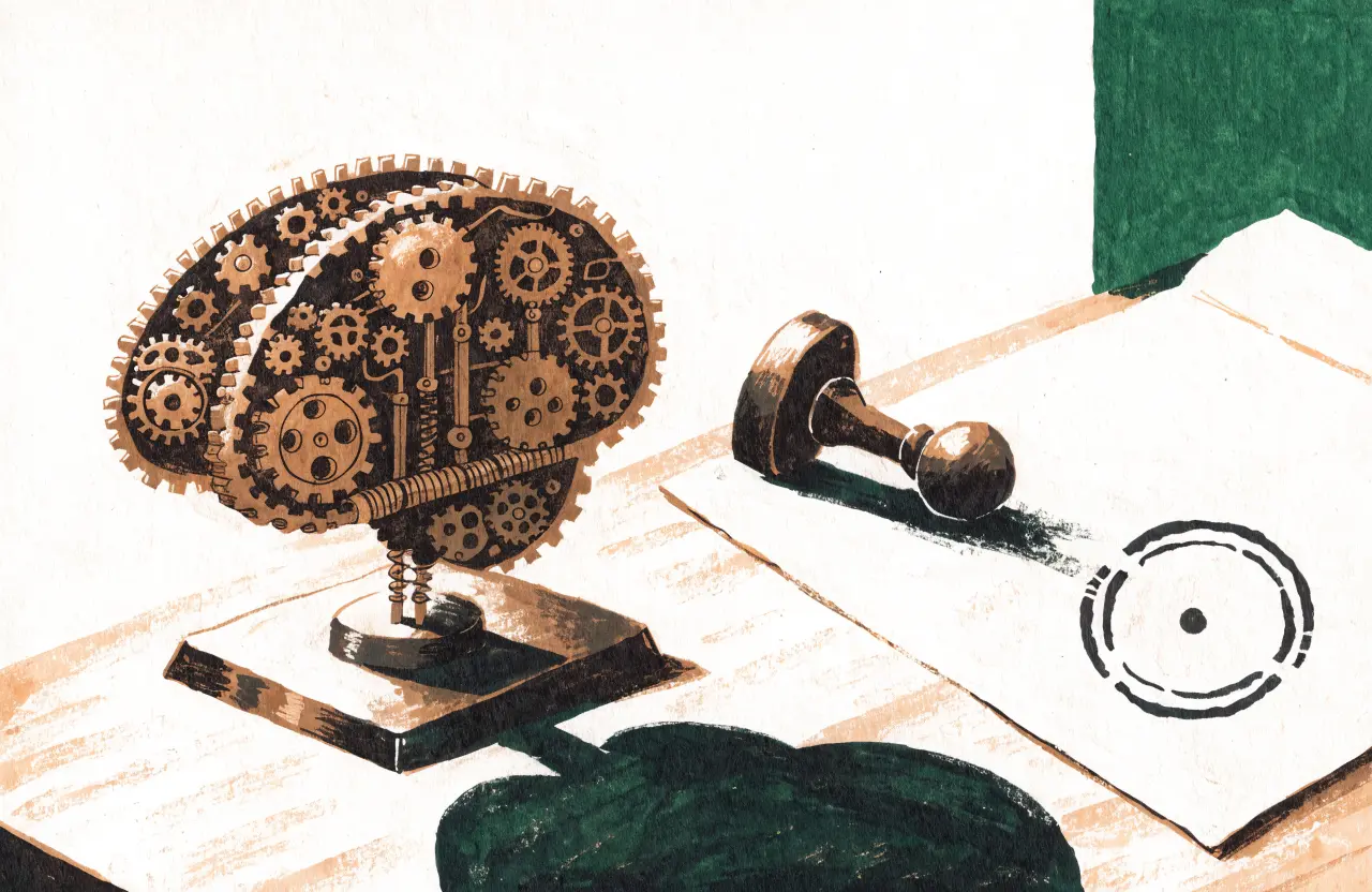Gouache-Illustration: mechanisches Gehirn aus Messing-Zahnrädern neben Stempel und Siegel auf Papier