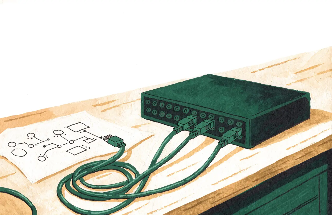 Gouache-Illustration: Netzwerk-Switch mit sauber verlegten grünen Kabeln und handgezeichnetem Netzplan