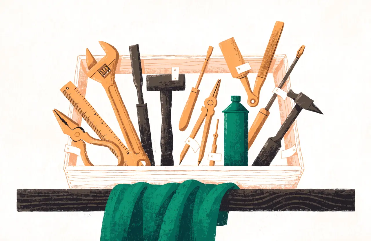 Gouache-Illustration: offene Holzkiste mit gepflegtem Werkzeug, jedes Teil mit Papieranhänger
