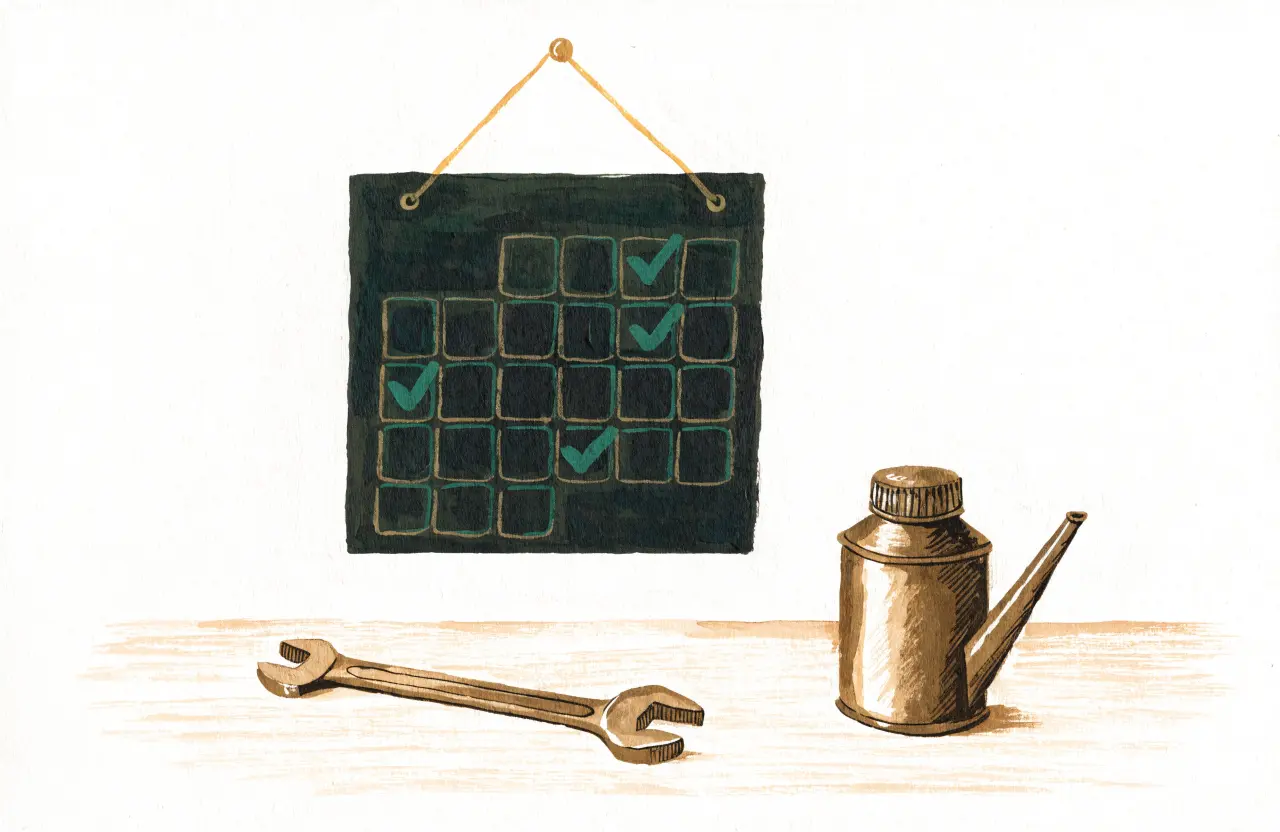 Gouache-Illustration: Wandkalender mit grün abgehakten Wartungstagen, darunter Ölkanne und Schraubenschlüssel