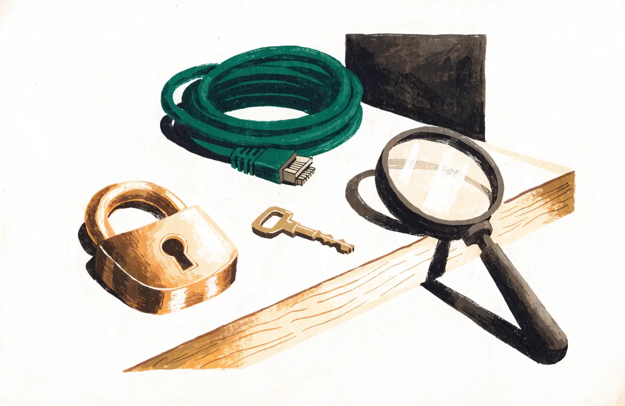 Gouache-Illustration: schweres Messing-Vorhängeschloss mit Schlüssel, Netzwerkkabel und Lupe