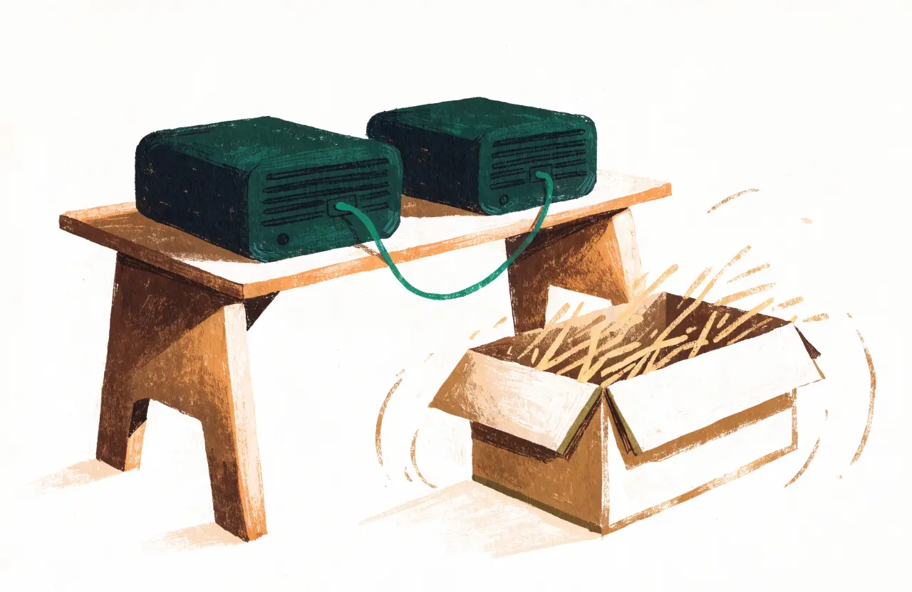Gouache-Illustration: zwei kompakte Server über ein grünes Kabel verbunden, daneben eine Umzugskiste
