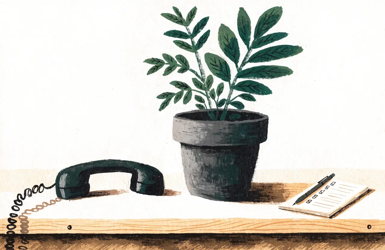 Gouache-Illustration: Telefonhörer neben Topfpflanze und Notizblock mit abgehakter Liste