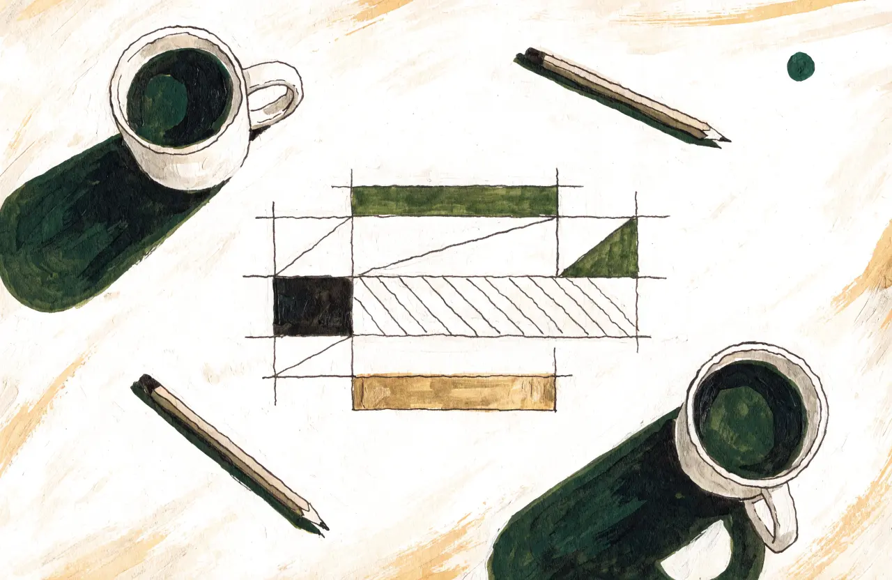 Gouache-Illustration: gemeinsamer Plan auf dem Tisch, von oben, zwei Kaffeetassen und zwei Bleistifte