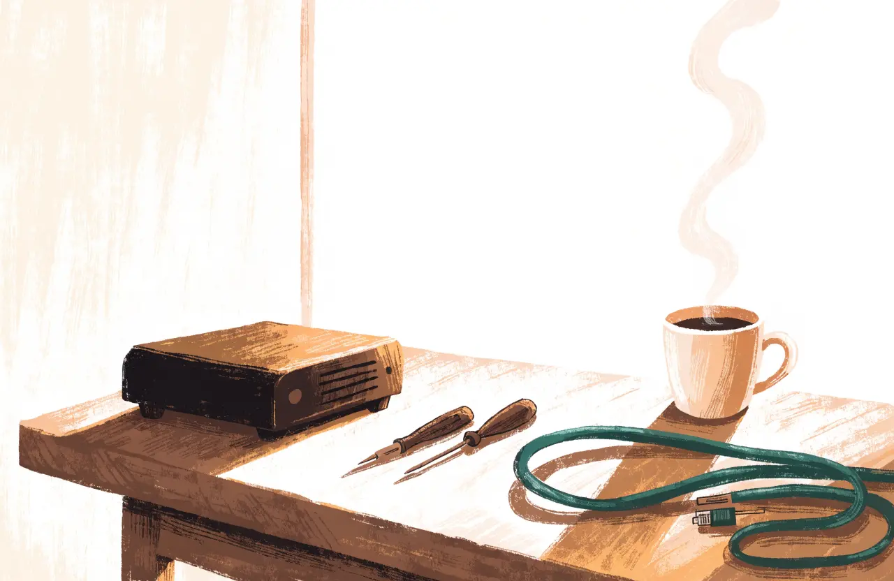 Gouache-Illustration: Werkbank am Morgen mit kompaktem Server, Werkzeug, grünem Kabel und dampfender Kaffeetasse