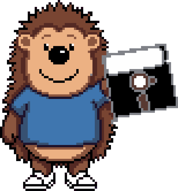 Nighthog-Maskottchen als 8-Bit-Sprite im blauen Shirt, mit einer 5,25-Zoll-Diskette in der Pfote