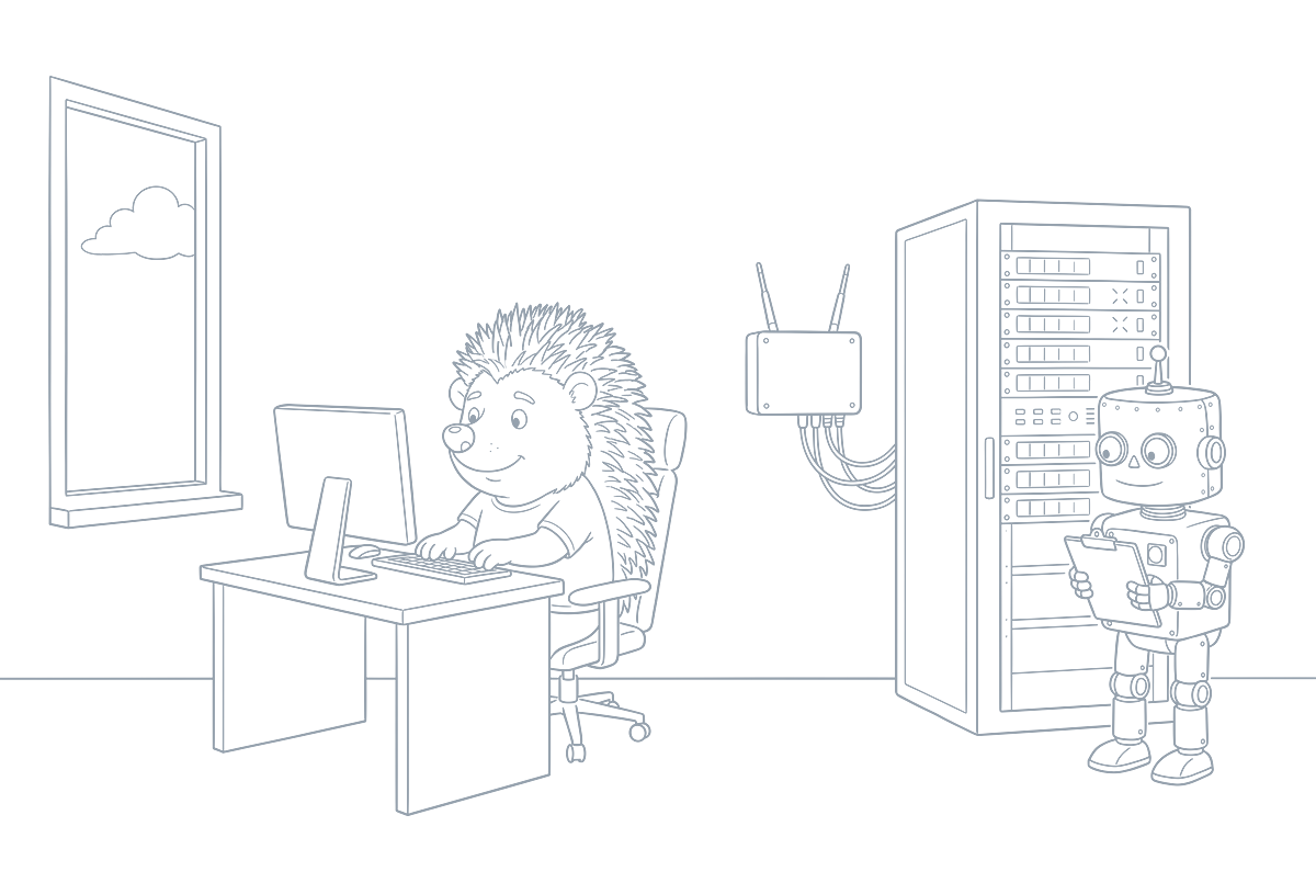 Strichzeichnung: Der Igel arbeitet am Schreibtisch, links ein Fenster mit einer Wolke, an der Wand ein Router, rechts ein Serverschrank, daneben der Roboter mit Klemmbrett