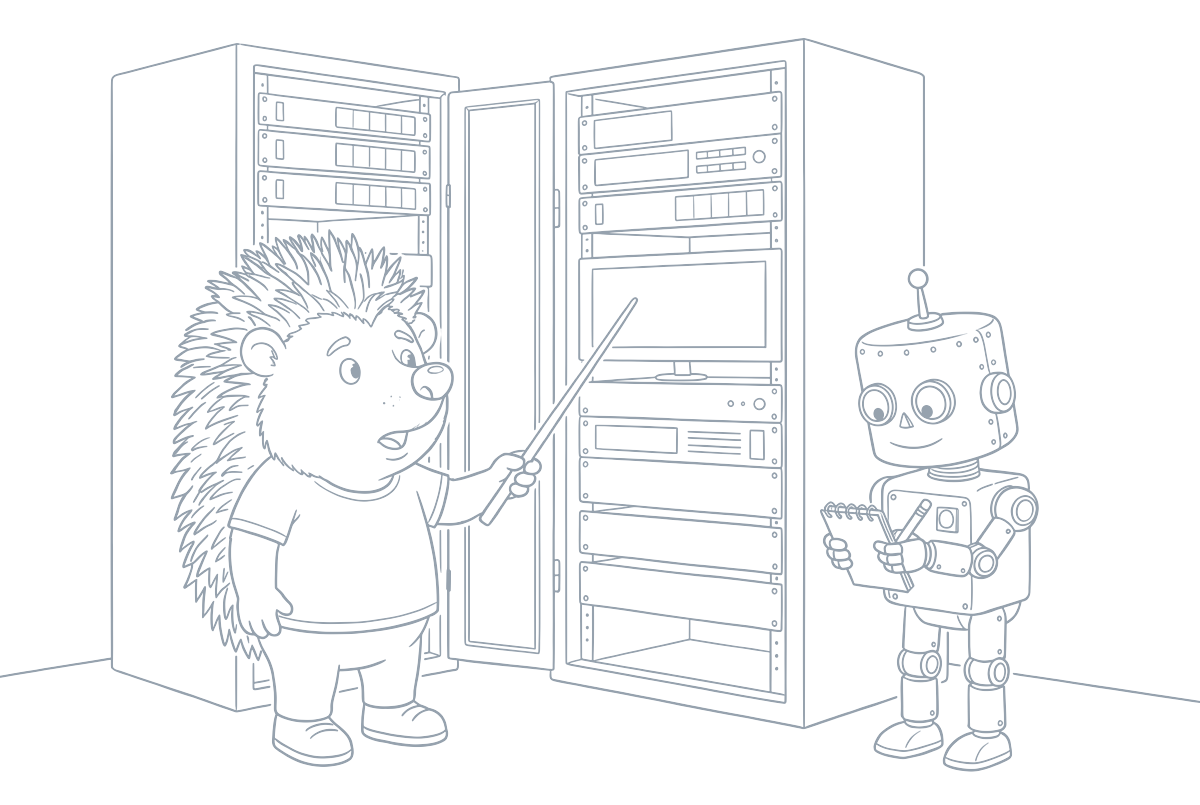 Strichzeichnung: Der Igel erklärt mit dem Zeigestock den Serverschrank, der Roboter schreibt mit
