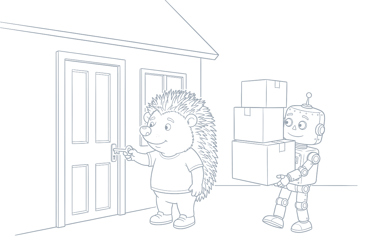 Strichzeichnung: Der Igel schließt die Tür eines kleinen Hauses auf, der Roboter trägt Umzugskartons