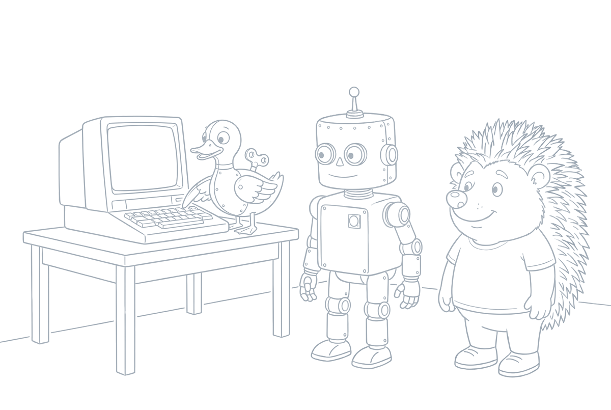 Strichzeichnung: Der aufziehbare Blech-Erpel tippt mit dem Flügel an einem alten Computer, Roboter und Igel schauen zu