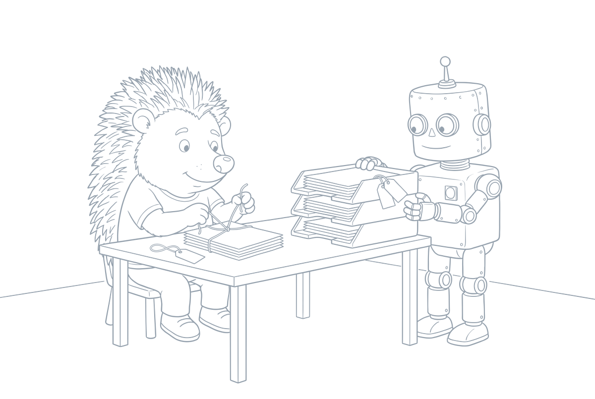 Strichzeichnung: Der Igel bindet Anhänger an Dokumente, der Roboter sortiert sie in Briefablagen