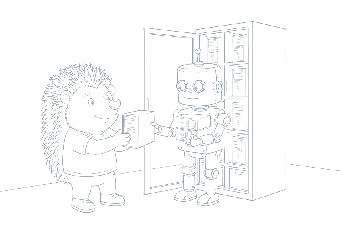 Strichzeichnung: Vor einem Serverschrank mit vielen Fächern voller kleiner Rechner reicht der Roboter dem Igel weitere Miniatur-Rechner