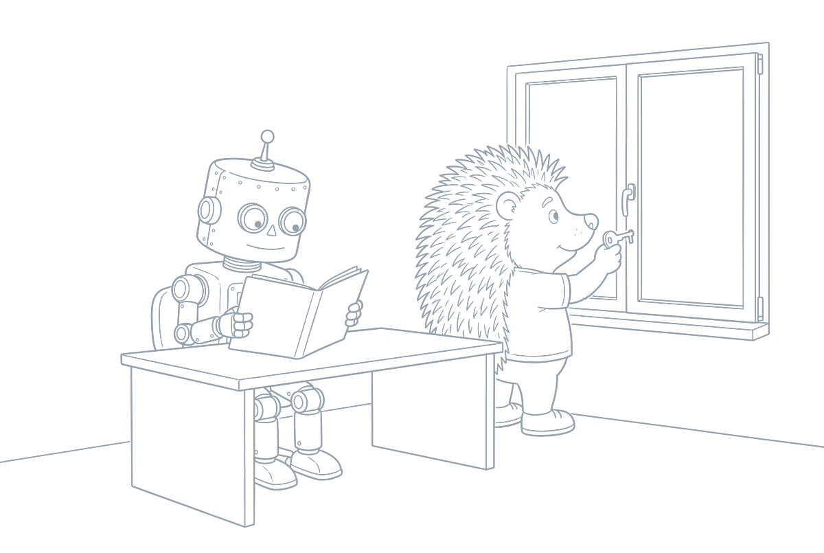 Strichzeichnung: Der Roboter liest am Schreibtisch in einer Akte, der Igel schließt hinter ihm das Fenster ab