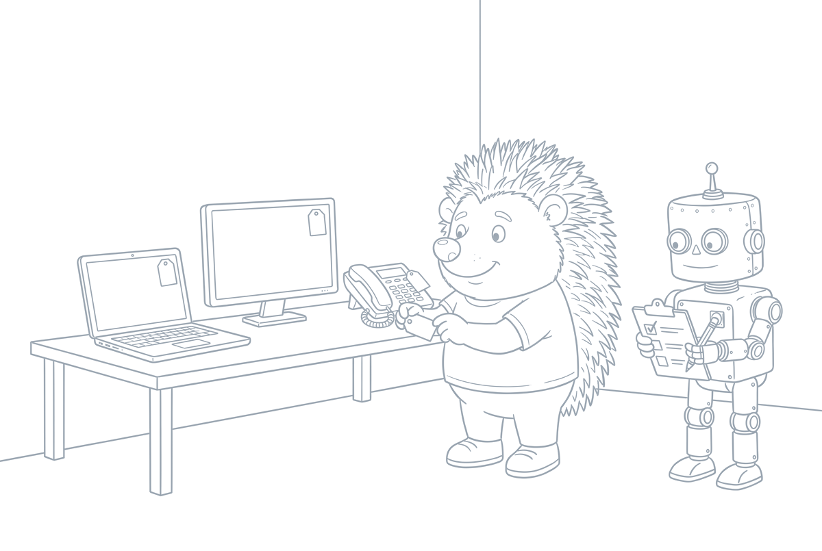 Strichzeichnung: Der Igel klebt Inventaretiketten auf Laptop, Monitor und Telefon, der Roboter hakt sie auf dem Klemmbrett ab