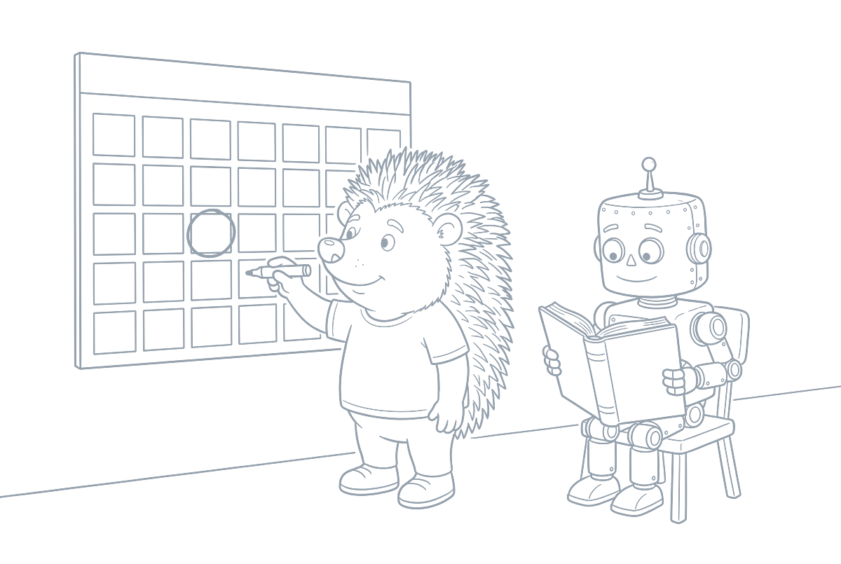 Strichzeichnung: Der Igel kreist einen Tag im Wandkalender ein, der Roboter liest im Regelwerk