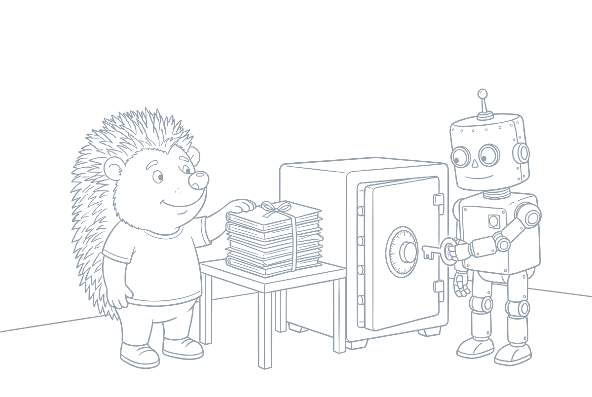Strichzeichnung: Der Igel legt die Pfote auf einen verschnürten Aktenstapel, der Roboter schließt daneben den Tresor mit einem großen Schlüssel ab