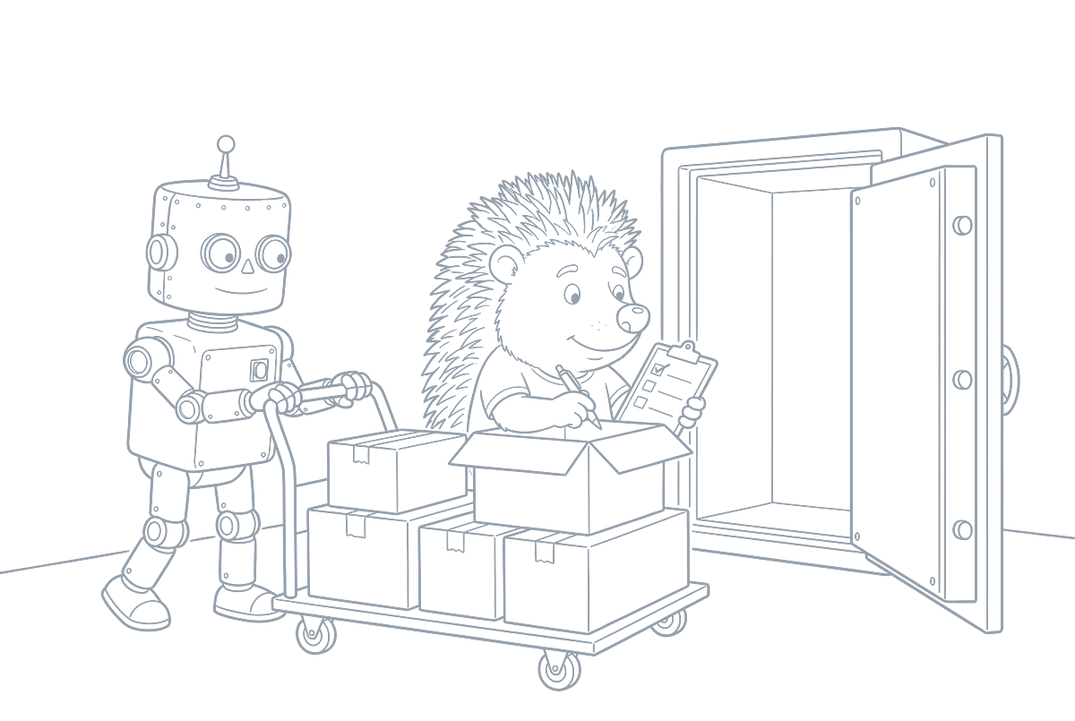 Strichzeichnung: Der Roboter schiebt einen Wagen mit Kisten zum offenen Tresor, der Igel prüft eine geöffnete Kiste und hakt auf dem Klemmbrett ab