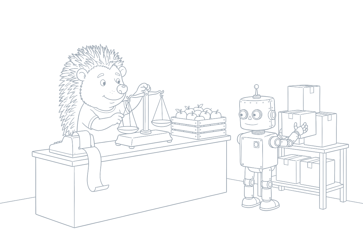 Strichzeichnung: Der Igel justiert hinter der Ladentheke eine Balkenwaage, daneben Bondrucker und eine Apfelkiste, der Roboter stapelt Kartons ins Regal