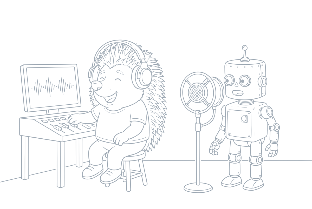 Strichzeichnung: Der Roboter spricht in ein Studiomikrofon, der Igel hört am Mischpult mit Kopfhörern zu