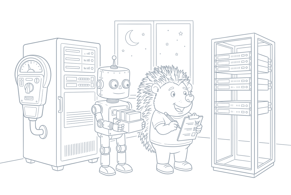 Strichzeichnung: Der Roboter trägt kleine Kisten von einem alten Serverschrank mit Münzzähler zu einem neuen Rack, der Igel hakt sie auf dem Klemmbrett ab