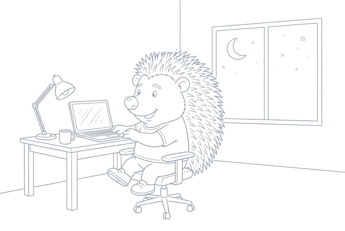 Strichzeichnung: Der Igel sitzt nachts am Schreibtisch und tippt auf einem Notebook, daneben Schreibtischlampe und Kaffeetasse, im Fenster Mond und Sterne
