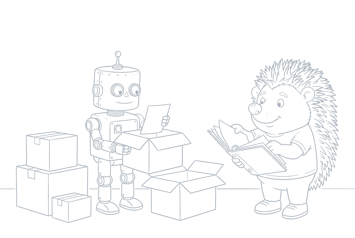 Strichzeichnung: Der Roboter nimmt aus jedem Paket ein Blatt, der Igel heftet die Rechnungen in einen Ordner