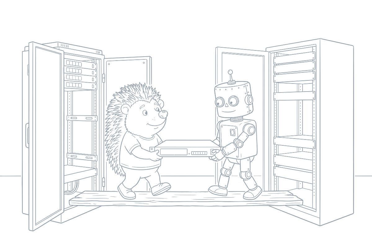 Strichzeichnung: Igel und Roboter tragen gemeinsam einen Server über eine Planke vom alten in den neuen Serverschrank
