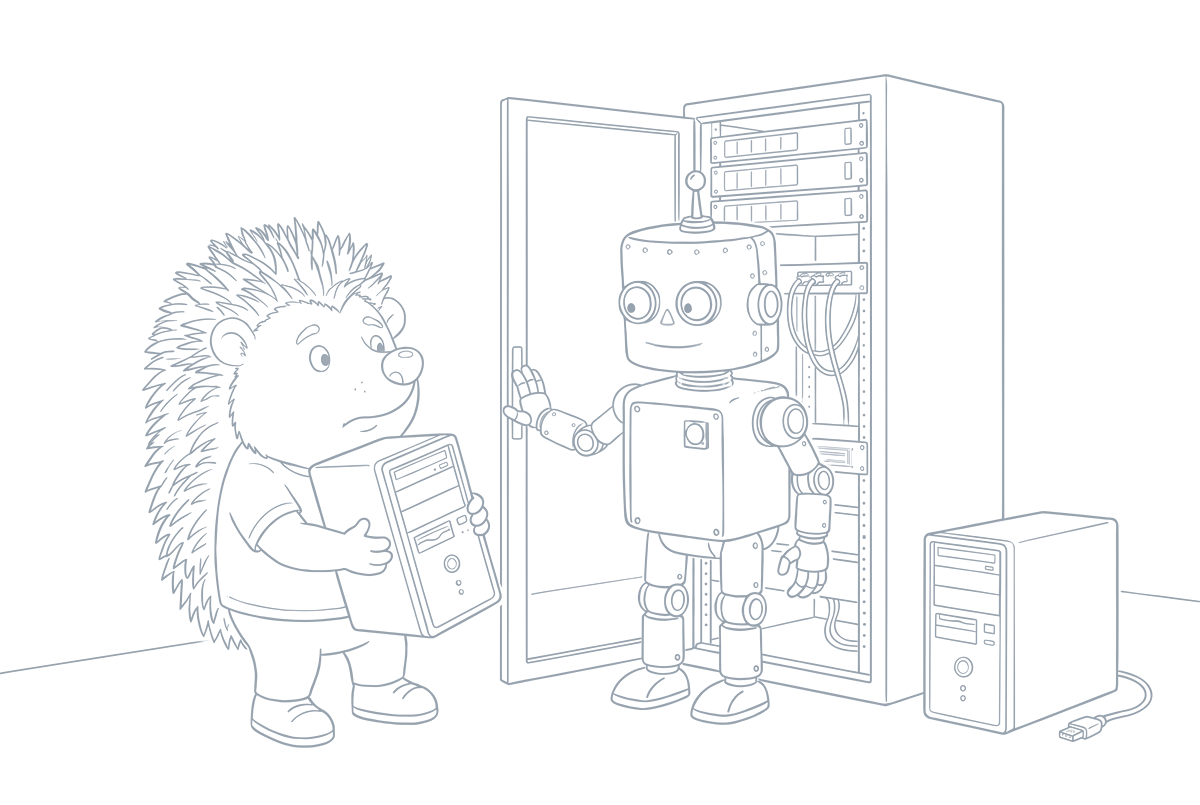 Strichzeichnung: Der Igel trägt einen alten Tower-PC zum Serverschrank, der Roboter hält ihm die Tür auf