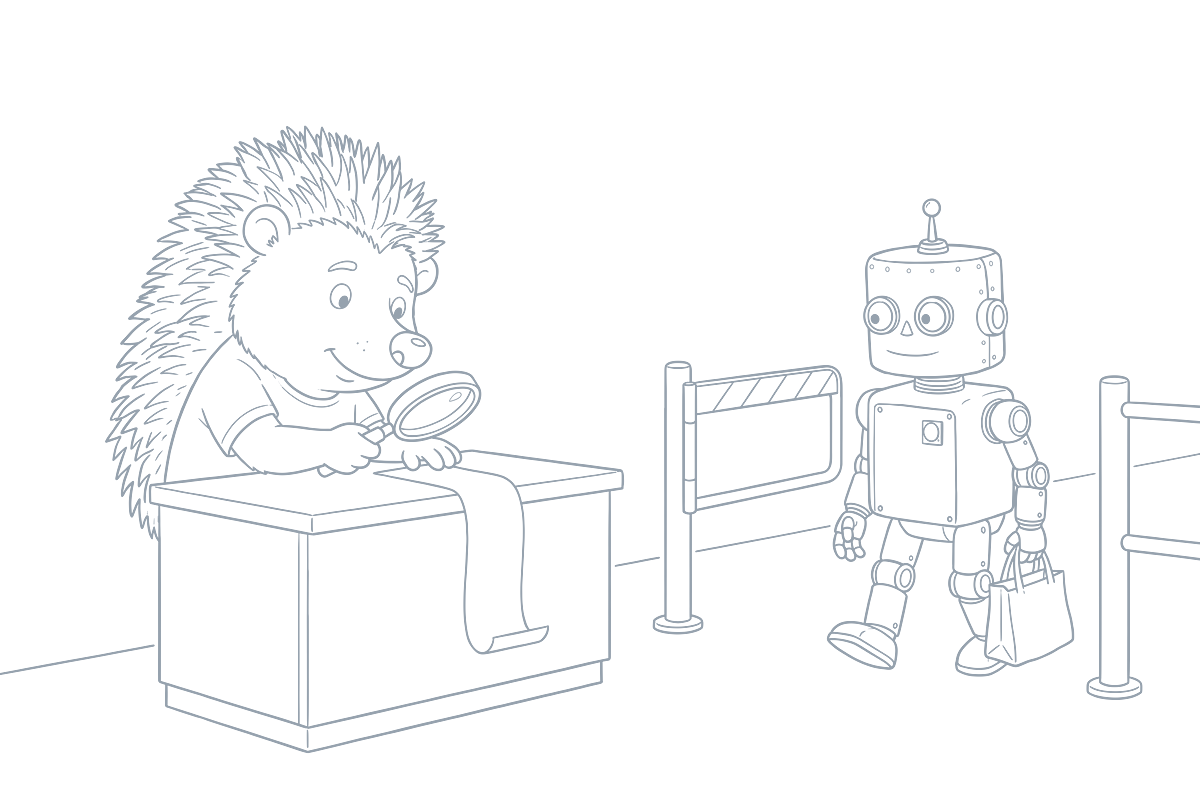 Strichzeichnung: Der Roboter kommt mit Einkaufstüte durch die offene Schranke zurück, der Igel prüft den Kassenbon mit der Lupe