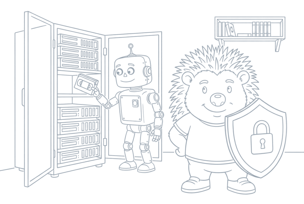 Strichzeichnung: Der Igel hält ein Schild vor dem Serverschrank, der Roboter sortiert Bänder