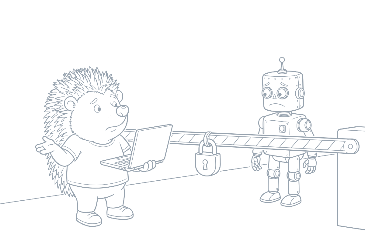 Strichzeichnung: Ein Schlagbaum mit Vorhängeschloss, dahinter steht traurig der Roboter, davor zuckt der Igel mit dem Notebook ratlos die Schultern