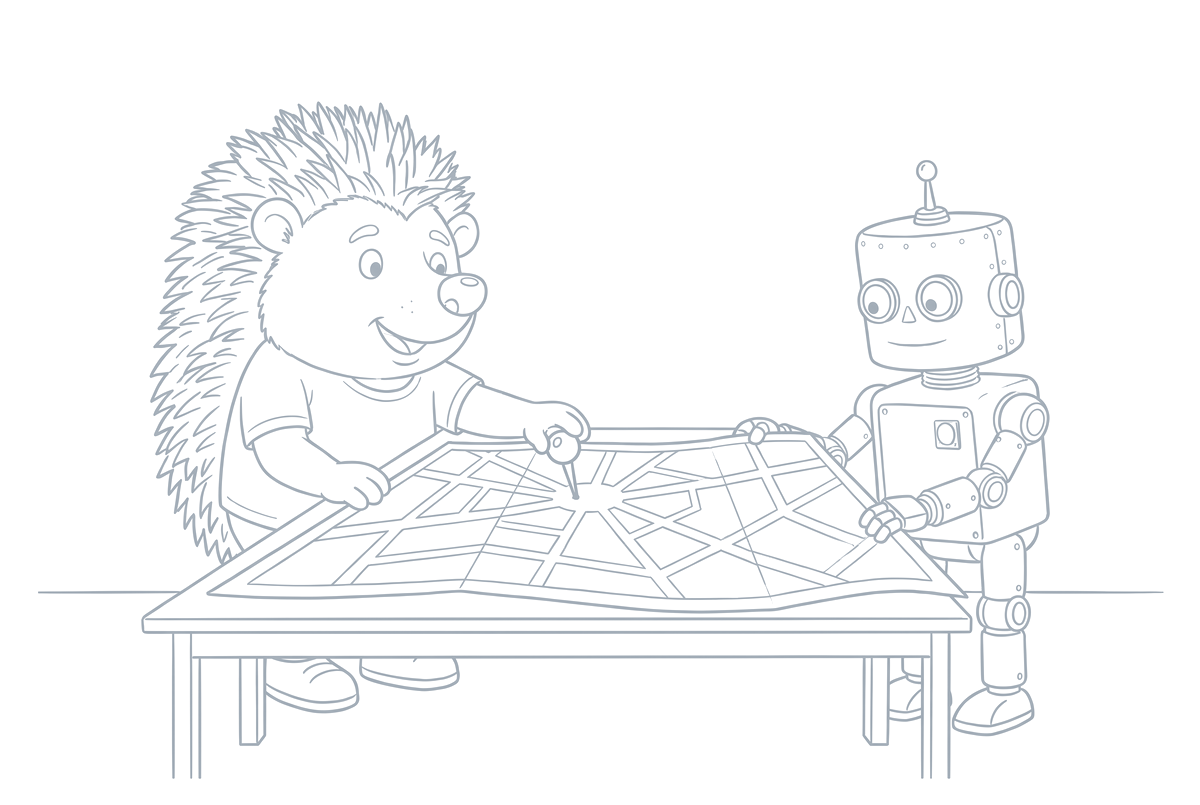 Strichzeichnung: Igel und Roboter breiten einen Stadtplan aus Papier aus, der Igel steckt eine Nadel hinein
