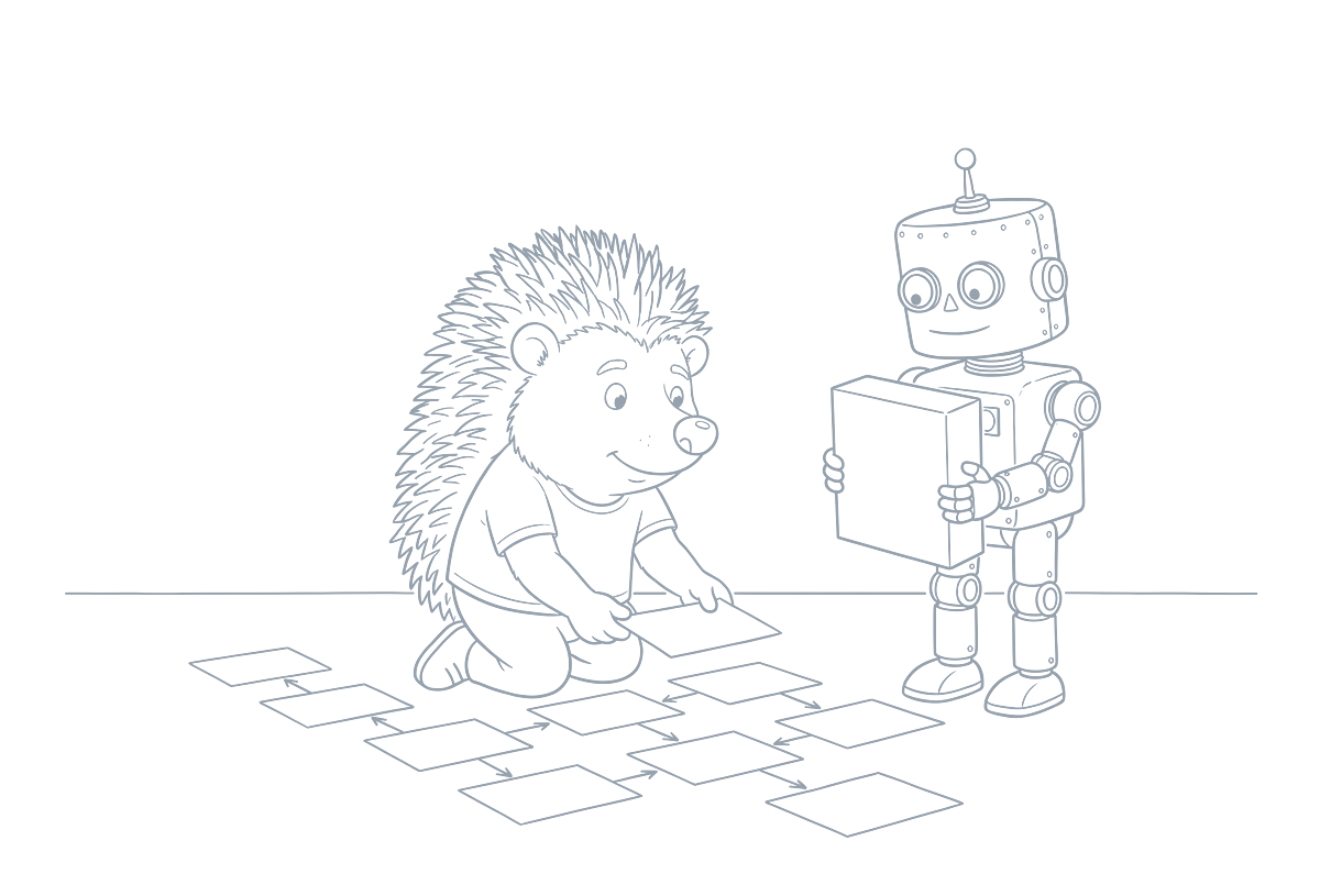 Strichzeichnung: Der Igel legt auf dem Boden einen Ablauf aus Karten und Pfeilen, der Roboter wartet mit dem noch verpackten Software-Karton