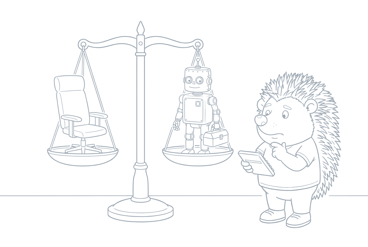Strichzeichnung: Auf einer Balkenwaage steht links ein leerer Bürostuhl, rechts der Roboter mit Werkzeugkasten, der Igel rechnet nachdenklich nach