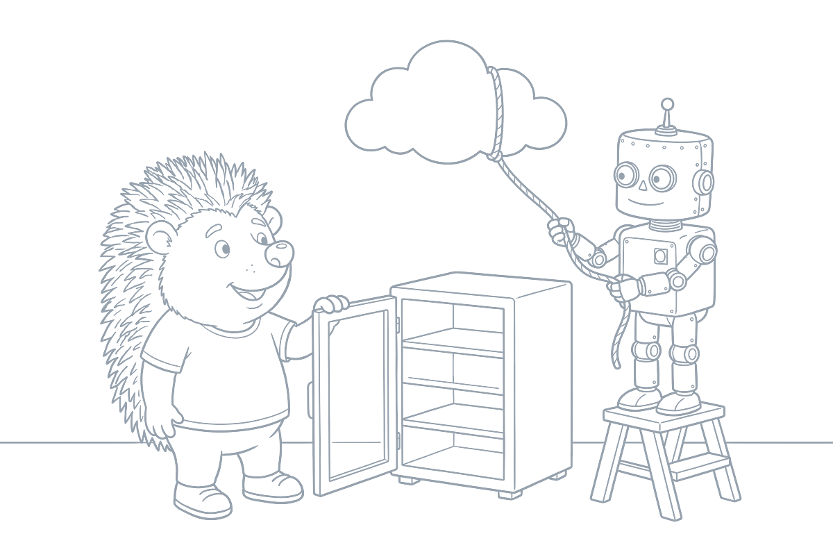 Strichzeichnung: Der Roboter zieht auf einem Tritt eine Wolke am Seil herunter, der Igel hält die Tür eines kleinen Serverschranks auf